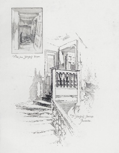 Quarto e escadaria do escritor inglês Samuel Johnson, Pembroke College, Oxford (litho) de Herbert (after) Railton