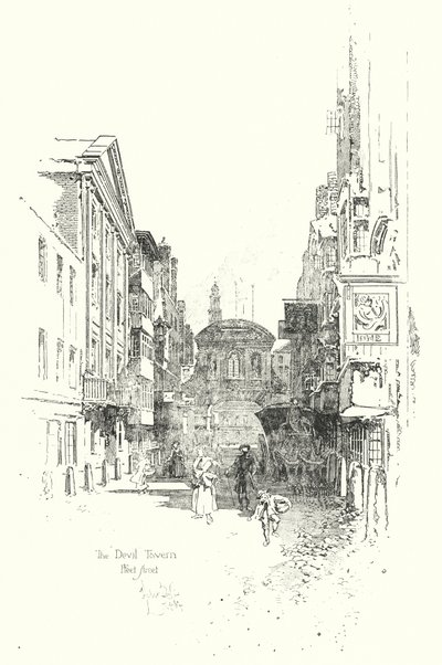 A Taberna do Diabo, Fleet Street, no tempo do Dr. Johnson (litho) de Herbert (after) Railton