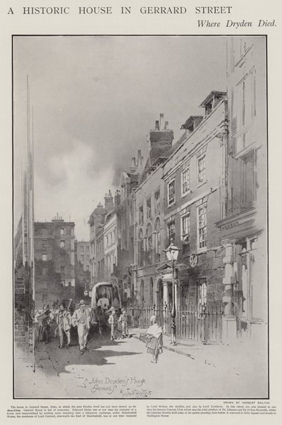 A casa na Gerrard Street, Londres, onde o poeta John Dryden morreu em 1700 (litho) de Herbert (after) Railton