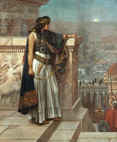 Antiguidade Romana : "O último olhar de Zenobia sobre Palmyra" A Imperatriz de Palmyra Septimia Bathzabbai Zenobia capturada pelo Imperador Romano Aureliano deve deixar o seu reino, 272" Pintura de Herbert Gustave Schmalz (1856-1935) 1888 Galeria de Arte o de Herbert Gustave Schmalz