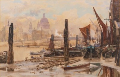 Barcaças do Tamisa atracadas; St Pauls e Blackfriars Bridge à distância de Herbert Menzies Marshall
