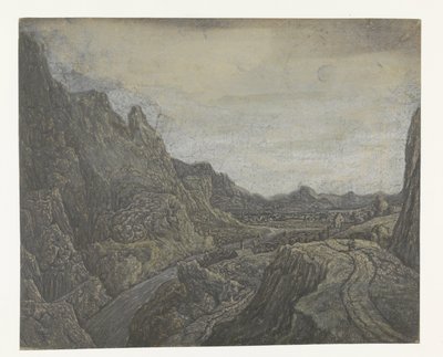 Paisagem rochosa com uma estrada e um rio de Hercules Segers