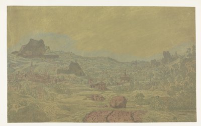 Vale com um rio e uma cidade com quatro torres de Hercules Segers
