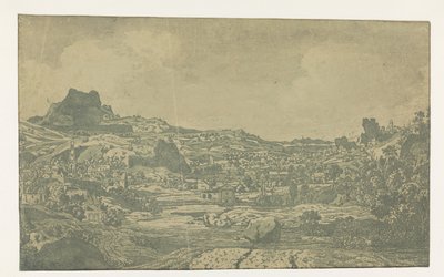 Vale com um rio e uma cidade com quatro torres de Hercules Segers