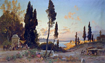 Vue du Bosphore a Constantinopla - Peinture de Hermann David Salomon Corrodi (1844-1905), orientalisme - Vistas sobre o Bósforo, Constantinopla - Óleo sobre tela de Hermann David Salomon Corrodi (1844-1905) - 100x166,5 cm - Coleção Particular de Herman David Salomon Corrodi