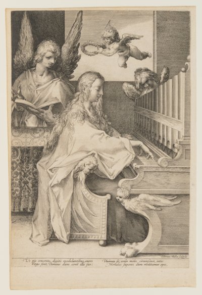 Santa Cecília tocando órgão com dois anjos de Herman Jansz. Muller