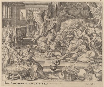 Nascimento de Pharez e Zara de Herman Jansz Muller after Maerten van Heemskerck