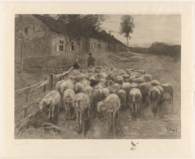 Pastor e uma mulher perto de um rebanho de ovelhas de Herman Johannes van der Weele (signed by artist)