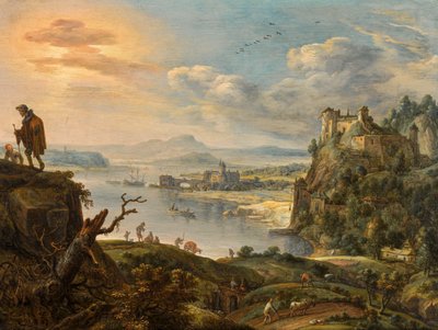 Uma extensa paisagem de montanha com vista para um vale fluvial de Herman Saftleven