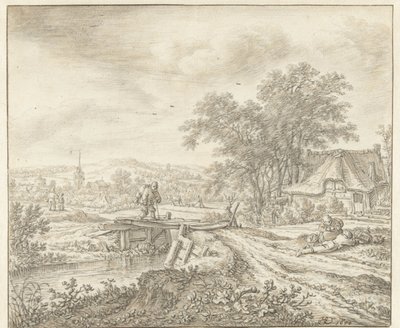 Paisagem montanhosa com uma fazenda por uma ponte de Herman Saftleven