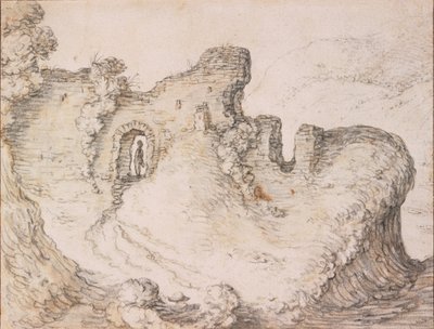 Paisagem rochosa com ruínas, formando o perfil do rosto de um homem, c. 1650 de Herman Saftleven