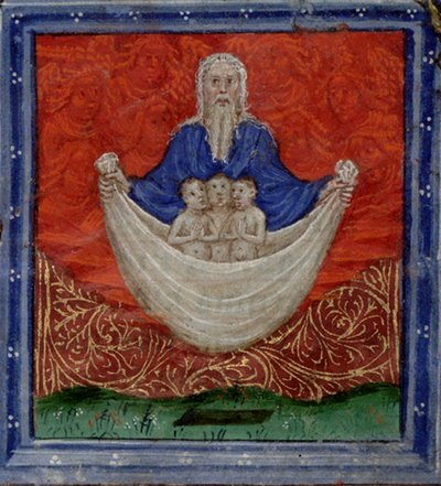 Deus Pai com três almas, sendo ressuscitado dos mortos Livro de Horas, c.1410 de Herman Scheerre