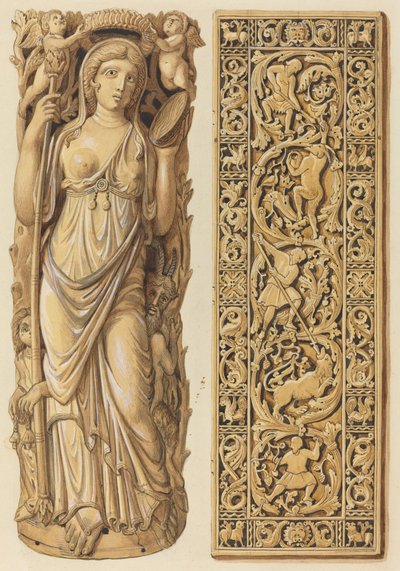 Renderizações de uma escultura em marfim de Ariadne do século VI e uma placa de marfim do século IX de Herman Wilhelm Soltau