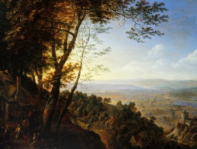 Uma paisagem arborizada com camponeses por uma casa de campo (óleo sobre painel) de Herman the Younger Saftleven