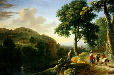Uma paisagem italiana com viajantes e um burro, c.1640 (óleo sobre tela) de Herman van Swanevelt