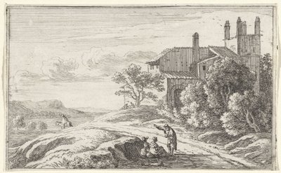 Edifício com uma torre quadrada
Página de título e doze vistas de Roma (título da série) de Herman van Swanevelt