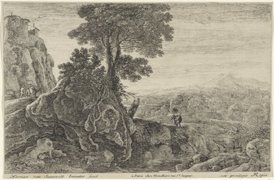 Paisagem com um edifício em uma rocha Doze paisagens (título da série) de Herman van Swanevelt