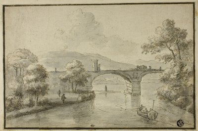 Rio com ponte arqueada e barco de Herman van Swanevelt