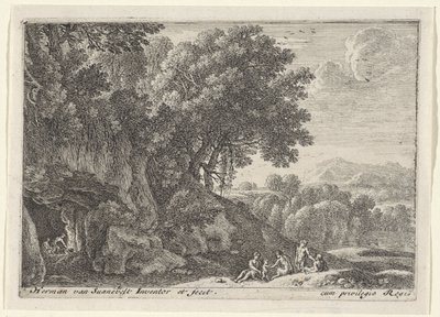Sátiros ao redor do fogo em uma caverna Paisagens com sátiros (título da série) de Herman van Swanevelt