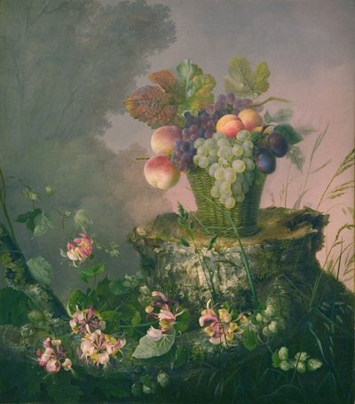 Cesta de flores com frutas por um toco de árvore de Hermania Neergaard
