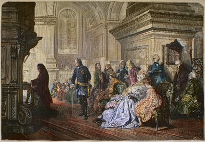 O Rei da Prússia Frederico II o Grande (1712-1786) ouve o compositor Jean Sebastian Bach tocar numa corte, gravando depois de uma pintura de Kaulbach - Frederico II o Grande, Rei da Prússia, ouvindo Johann Sebastian Bach no órgão, Sanssouci de Hermann Kaulbach