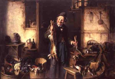 Interior da cozinha com um homem segurando uma lebre (óleo no painel) de Hermann Kern