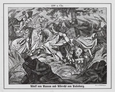 Adolfo de Nassau e Alberto I de Habsburgo na batalha de Gollheim de Hermann Pluddemann