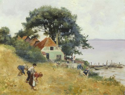 Crianças Gleaning by a Lake, c.1900-10 (óleo no painel) de Hermann Seeger