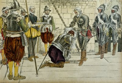 Carlos II de Cosse Brissac (Cosse-Brissac) (1562-1621 ou 1626) feito marechal da França por Henri IV (1553-1610) antes de entrar em Paris em 22 de março de 1594. O antepassado dos mercadores Jean Lhuillier (?) ao lado tem as chaves da cidade. Ilustração 19 de Hermann Vogel