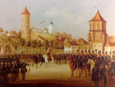 Hermann Volz Desfile da milícia de Biberach no Riedlinger Tor em 1849 de Hermann Volz
