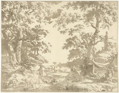 Paisagem da Arcádia com estátua de Janus de Hermanus Fock