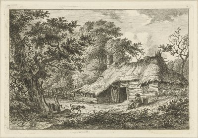 Casa de campo com mulher, criança e cão de Hermanus Fock