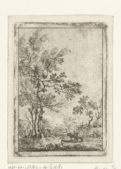 Paisagem com árvores altas e cavalo e carruagem de Hermanus Fock