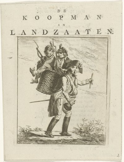 Folha de música e desenho animado com soldados Desenho em Willem V O comerciante em Landzaaten (título no objeto) de Hermanus Fock