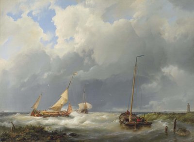 Cena costeira com navios de pesca de Hermanus Koekkoek