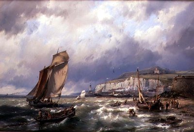 Veleiros e um Pacote Cross Channel fora de Folkstone (óleo sobre tela) de Hermanus Koekkoek