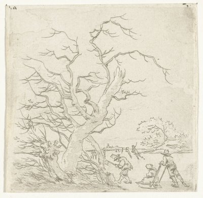 Paisagem de inverno com patinadores e lenhador de Hermanus van Brussel