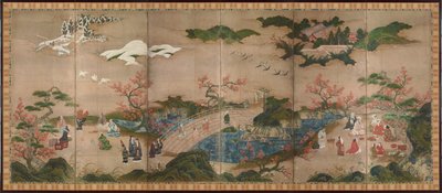 Os Mapple Viewers - Ecrã em seis painéis - Trabalho de Kano Hideyori (activo 1565-1576), aguarela e tinta sobre papel - arte japonesa de Hideyori Kano