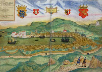 Mapa de Bergen, de &39;Civitates Orbis Terrarum&39; por Georg Brau (1541-1622) e Franz Hogenberg (1535-90) c.1571-1600 de Hieronymous Scholeus
