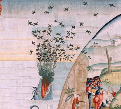 tapeçaria flamenga. Série Quatro tapeçarias após Hieronymus Bosch. Tribulações da vida humana (Tribulaciones de la vida humana). Terceira tapeçaria da série. Modelo Inspirado no trabalho de Hieronymus Bosch. Fabricação Oficina desconhecida, Bruxelas. Antes de Hieronymus (after) Bosch