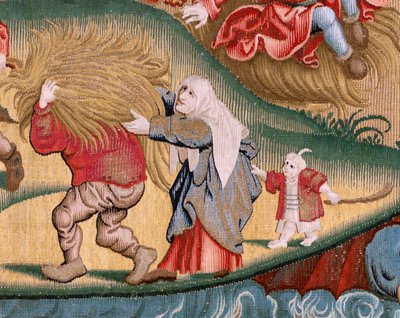 Tapeçaria flamenga. Série Quatro tapeçarias após Hieronymus Bosch. Tribulações da vida humana (Tribulaciones de la vida humana). Terceira tapeçaria da série. Modelo inspirado no trabalho de Hieronymus Bosch. Fabrico Oficina Desconhecida, Bruxelas. Antes de de Hieronymus (after) Bosch