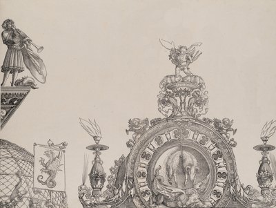 O Pináculo do Portal Direito, e um Trompetista e Estandarte do Portal Central, fr..., 1515. de Hieronymus Andreae