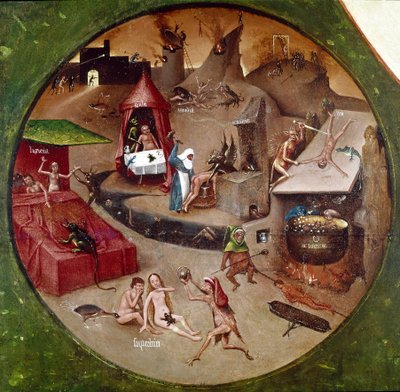 Que diabo. Detalhe dos Sete Pecados Mortais e das Quatro Últimas Coisas (óleo no painel de Hieronymus Bosch