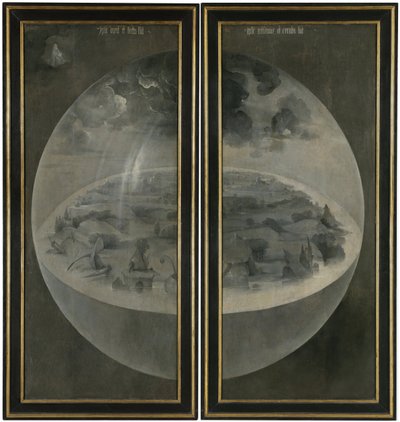 A criação do mundo que representa a esfera cósmica da Terra (Bubble). Atrás das abas do tríptico "O jardim das delícias terrenas" . Pintura de Hieronymus Van Aeken (Aken) chamada Jerome Bosch (1450-1516) de Hieronymus Bosch