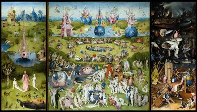 "O jardim das delícias terrenas" Painel esquerdo: criação de Adão e Eva. Painel central: os amantes a apreciar as frutas. Painel direito: inferno. Tryptych de Hieronymus Van Aeken (Aken) conhecido como Jerome Bosch (1450-1516) de Hieronymus Bosch