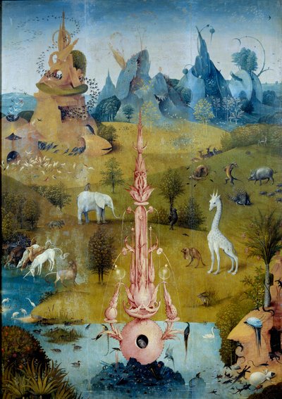 Paradise La Fontaine. Detalhe da parte esquerda do tryptic de "The Garden of Delices" de Hieronymus Van Aeken (Aken) dit Jerome Bosch (1450-1516) de Hieronymus Bosch