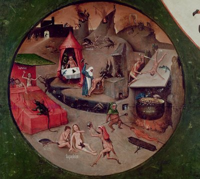 Mesa dos Sete Pecados Capitais e das Quatro Últimas Coisas, detalhe do Inferno, c.1480 (óleo no painel) de Hieronymus Bosch