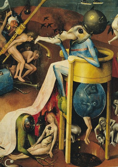 O Jardim das Delícias Terrenas: Inferno, asa direita do tríptico, detalhe de pássaro-homem azul em um banquinho, c.1500 (detalhe de 3425) de Hieronymus Bosch