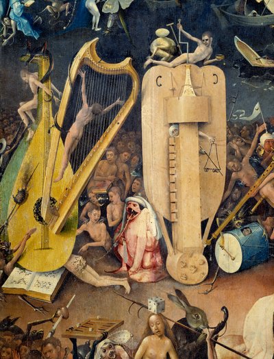 O Detalhe do Inferno da parte direita do tryptic de "The Garden of Terrestrial Delices" de Hieronymus Van Aeken (Aken) dit Jerome Bosch (1450-1516) de Hieronymus Bosch