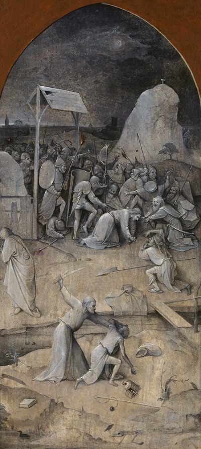 A tentação de Santo António. Tríptico, ao contrário: A Captura de Cristo, 1500-1501. de Hieronymus Bosch